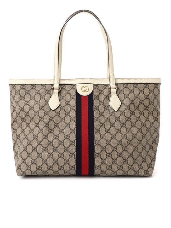 Gucci Handbags - Gucci Ophidia GG Supreme Medium Web Tote Beige Canvas Ivory Leather Authentic